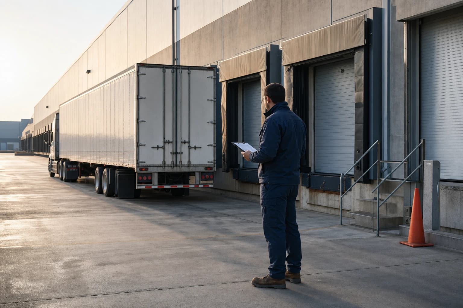 A logistics coordinator checks a clipboard beside a trailer at a loading dock
